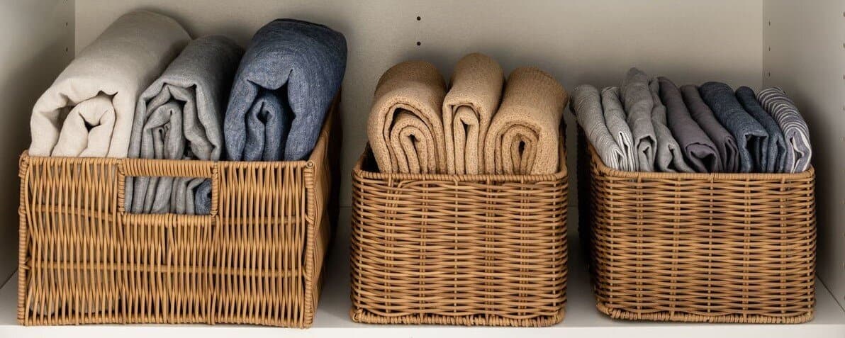 Three wicker baskets side by side on a shelf, holding rolled cream, grey and blue linen, rolled tan towels, and folded grey bedding.